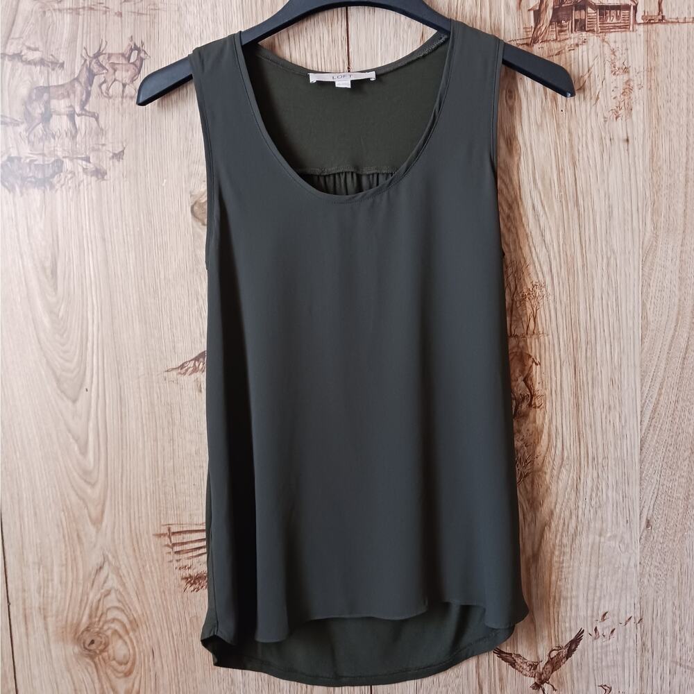 Loft Hunter Green Chiffon Front Slub Knit Back Sleeveless Blouse Size XS